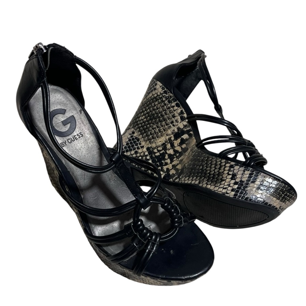 G by GUESS Black straps and Faux Snakeskin Wedges